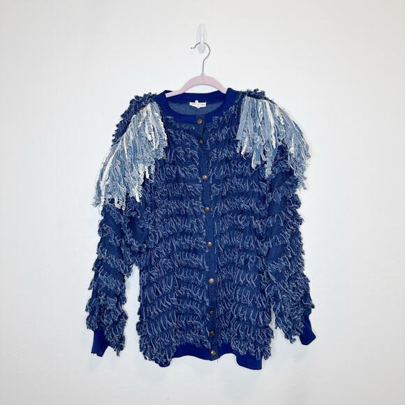 Rare Vintage Fringed Denim Shag Jacket Size Large - Picture 1 of 6